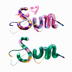 Colorful 3D render of the Sun text, two different colors