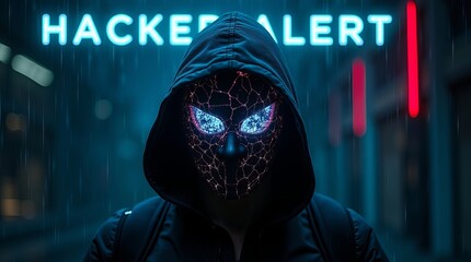 A mysterious figure in a hoodie with a digital mask stands under a glowing 'Hacker Alert' sign in a rainy urban setting.