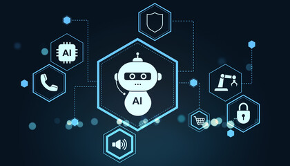 AI chatbot concept with various technology icons connected in a futuristic digital network on dark background with glowing blue hexagonal design. 3D Rendering