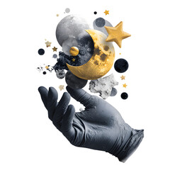 Surreal Gloved Hand Arranging Moon and Stars