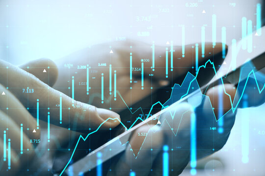 Businessman analyzing financial market data using mobile phone with abstract blue stock chart overlay on light background for investment report concept.