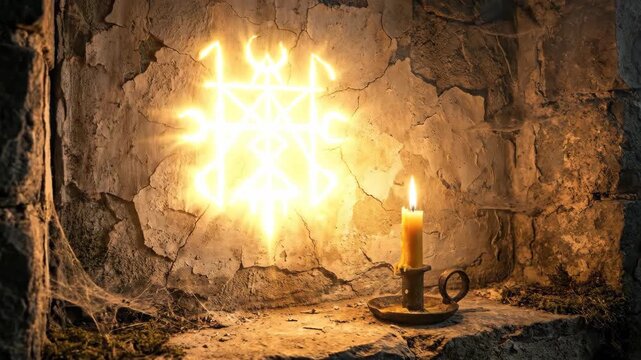 Occult symbol glowing from an ancient distressed wall, illuminated by a flickering candle, evoking themes of magic, ritual, mystery, and forgotten lore in a dark interior
