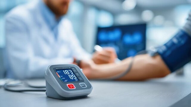doctor measuring blood pressure of patient with digital tonometer in bright modern clinic interior