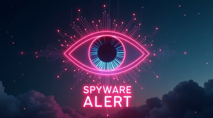 A digitally rendered eye surrounded by circuits and lights, emphasizing a futuristic spyware alert with vibrant pink tones.
