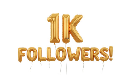 One thousand followers celebration gold balloons isolated on transparent background