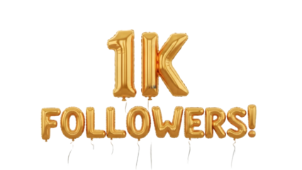 One thousand followers celebration gold balloons isolated on transparent background