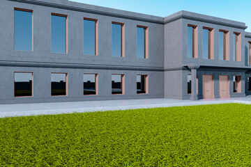 Naklejka premium Modern empty building exterior with symmetrical windows and pink accents in a minimal outdoor setting under clear blue sky and bright light. 3D Rendering