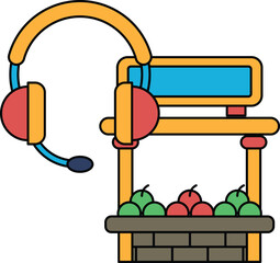 A black and white drawing of a person wearing a headset and a computer monitor