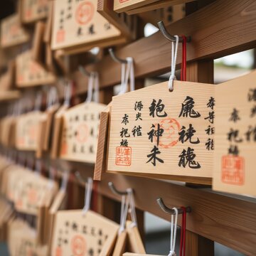 Ema wooden prayer plaques hanging at a Shinto shrine in Japan, close-up for Japanese new year