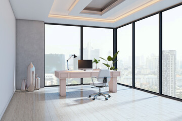 Modern corporate office interior with large windows, sleek desk, and cityscape view in bright daylight. 3D Rendering. 3D Rendering