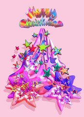 Christmas tree decorated with stars in 3D style, background for your poster design