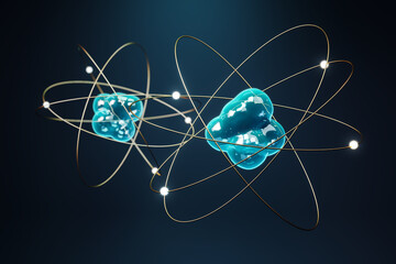Abstract atomic structure with glowing particles and blue nucleus on a gradient dark background representing quantum science concept. 3D Rendering