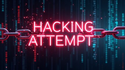 Dramatic digital art depicting a hacking attempt with neon chain graphics and binary code background.