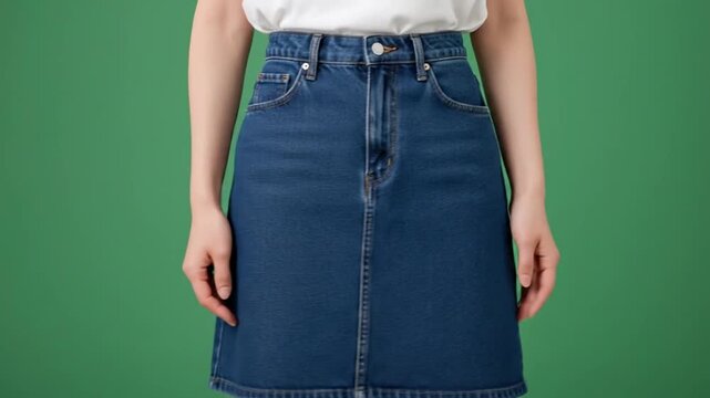 Woman wearing a blue denim skirt and white t-shirt against a green background.