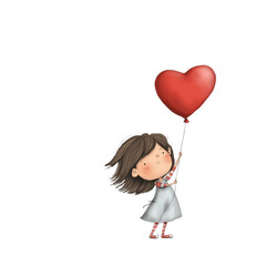 Girl holding a red heart balloon in a cheerful scene