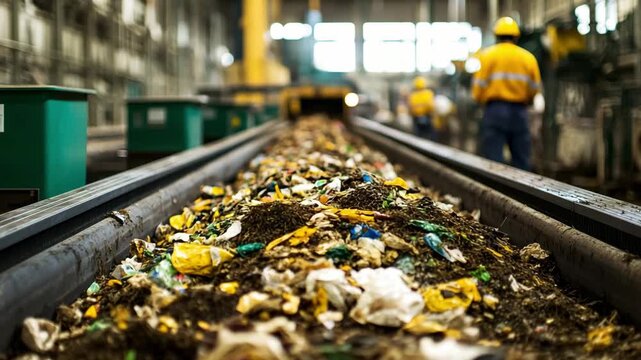 Workers sort through waste materials in a recycling facility, focusing on separating plastics and organic matter for processing