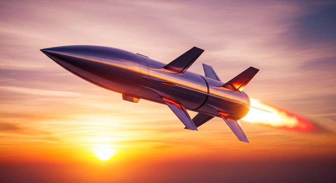 A metallic rocket soars through a vibrant sky painted in sunset colors. - Powered by Adobe