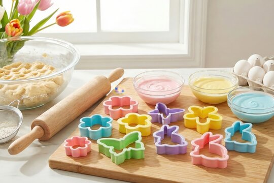 Colorful butterfly-shaped cookie cutters arranged on a wooden board with pastel icing bowls, rolling pin, flour, and fresh tulips in a bright kitchen, creating a cheerful baking atmosphere