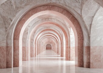 Fototapeta premium Corridor with archways. Walls made of marble. Depth of field gives perspective. Light and shadow