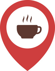 Red map pointer pin with coffee cup icon, flat vector design