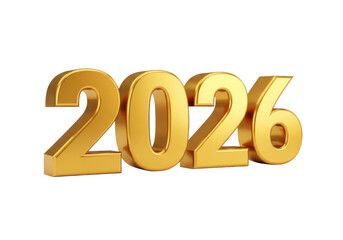 Golden 3d numbers 2026 isolated on transparent background