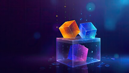 Three colorful, translucent cubes, some on a pedestal, against a vibrant, blue-purple gradient