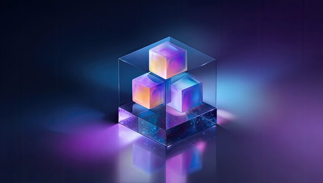 Three glowing cubes enclosed in a translucent box, casting shadows, set against a dark backdrop - Powered by Adobe