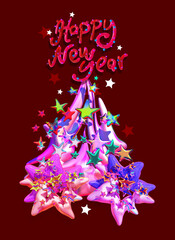 Christmas tree on red background, Happy New Year text