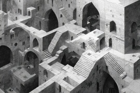 Black and white depiction of a geometric architectural structure with impossible stairways and perspectives
