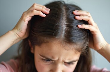 Naklejka premium Young girl scratches head looking distressed due to itchy scalp and hair thinning. Unhappy child experiences hair loss discomfort, possibly from stress or skin issue.