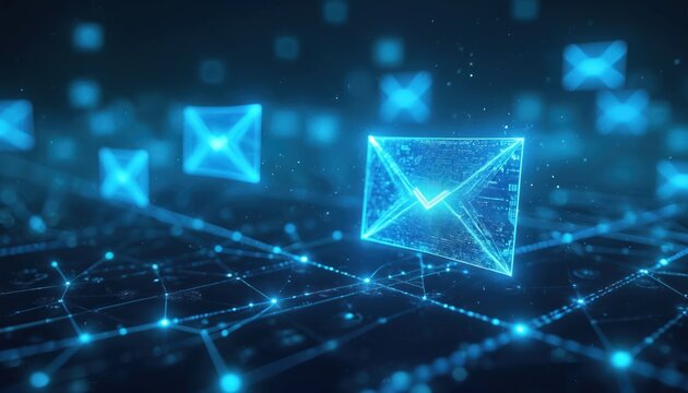 Glowing blue envelope icon in digital network. Modern communication technology concept. Email marketing and direct mail campaigns. Digital correspondence and online messaging.