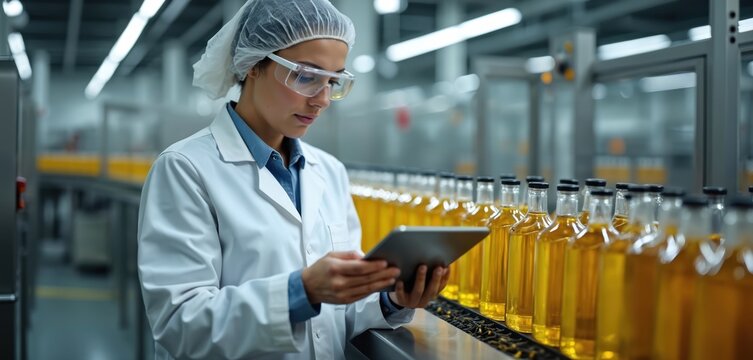 Food factory staff in uniform monitors oil bottles line using tablet. Woman controls manufacturing process. Inspector checks product quality in food industry. Factory worker operates line automation - Powered by Adobe