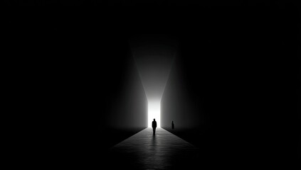A solitary figure walks toward bright light at the end of a dark, ominous corridor
