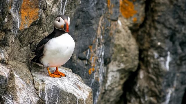 A puffin stands regally on a rock, showcasing its distinctive and colorful beak, making a vibrant portrait of this unique seabird in its natural habitat.