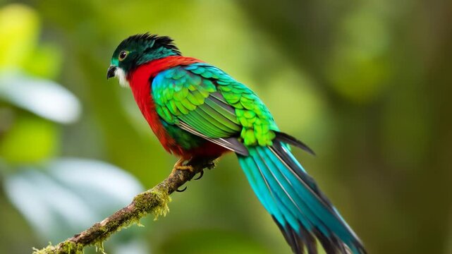 Resplendent quetzal on a mossy branch. Vibrant plumage: green, red, turquoise. Long, distinctive tail feathers. Avian splendor.