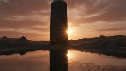 Monolith in barren landscape with sunrise, suns reflection in water, and dramatic conspiracy theory sky.
