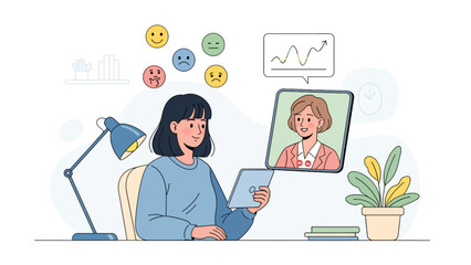 A young woman is having a video call with a therapist, discussing her emotions.