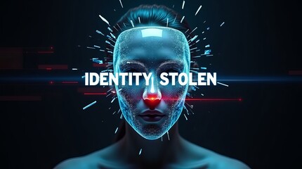A futuristic, digital representation of a face with the words 'IDENTITY STOLEN' prominently displayed.