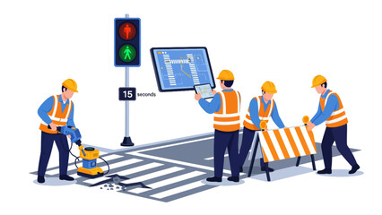 Construction workers setting up a temporary traffic signal and barriers on a pedestrian crossing.