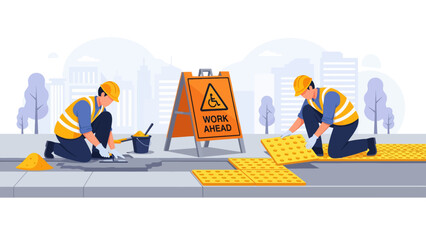 Two construction workers installing yellow tactile paving on a city sidewalk with a 'Work Ahead' sign, indicating road or pavement maintenance.
