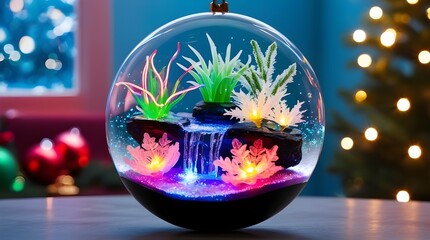 &ldquo;Sci-Fi Christmas Ornament with Floating Mini Ecosystem of Neon Bioluminescent Plants&rdquo;