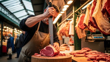 Skilled butcher expertly carving a large cut of raw red meat with a sharp knife at a bustling market stall