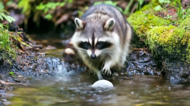 A raccoon is foraging in a stream and examining a rock. The animal washing its food is captured in its natural habitat surrounded by green foliage.
