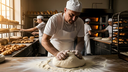 Skilled baker in a traditional bakery kneads fresh dough on a flour dusted wooden table preparing bread for baking