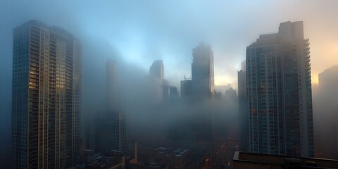 Ethereal cityscape: High-rise buildings shrouded in a dense fog at dawn offering mysterious view
