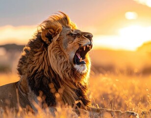 Majestic male lion roaring during a golden sunset in the savanna.