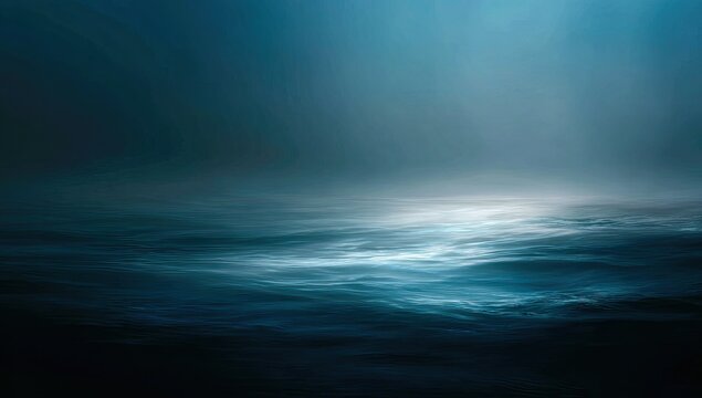 A surreal, abstract landscape depicts a dark sea surface and a bright, hazy light source