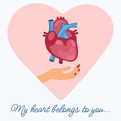 A romantic Valentine's Day card featuring an anatomical heart and hand