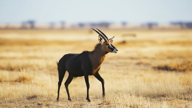 A beautiful sable antelope walks slowly through a field, showcasing its striking coloration and majestic horns in the African savanna.