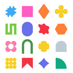 Abstract shape stickers with organic forms and retro geometric elements. Trendy Y2K graphic design shapes for creative branding and modern packaging projects.